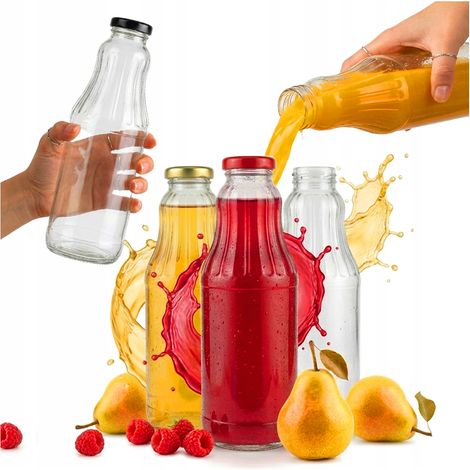 5x Botella FRUTA 1L Para Zumo, Tintura 1000ml + TAPA Botellas de Vidrio