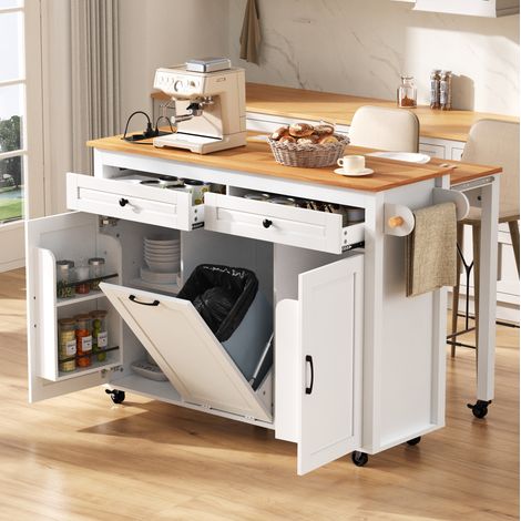 Isla de cocina con ruedas 120x40-75x92 cm, encimera extensible y enchufes HAVRYA (1/5)