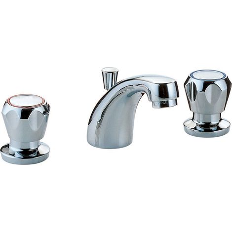 Bagnoclic – Robinet mélangeur de lavabo 3 trous – Finition chromée – Mécanisme en laiton – Vidange métallique 1"1/4 – Flexibles inox 3/8F 35 cm (1/2)