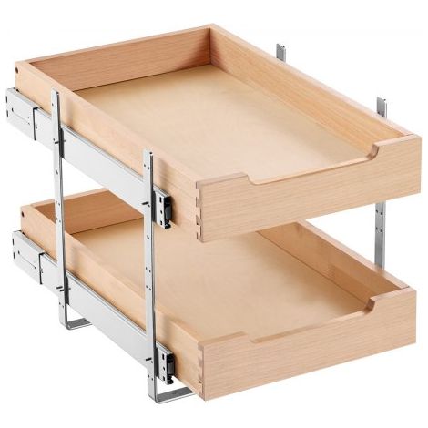 Organiseur d'armoire coulissant à 2 niveaux, tiroir coulissant cuisine réglable en bois, 315 x 533 mm, étagère coulissante robuste à fermeture douce, pour cuisine, garde-manger, salle de bain (1/3)
