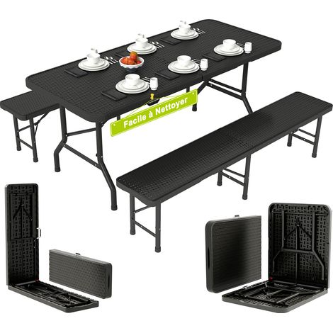Ensemble 1 Table Pliante Exterieur 180x74x74cm et 2 Bancs d'Extérieur 180x30x43cm Robuste Portable Facile à Nettoyer, Rotin Table Pliante Salon de Jardin Exterieur pour 6-8 Personnes, Noir
