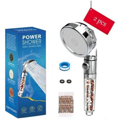 Lot de 2 Pommeau de Douche Économique Anti-Calcaire & Bouton STOP Eau avec une Recharge de Pierres Offerte H198 (1/4)