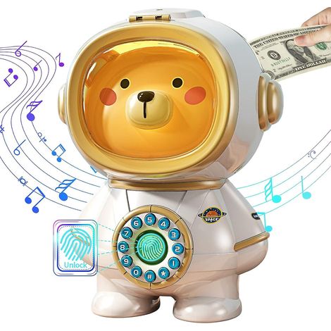 Tirelire Ours de l'espace pour enfants - Mini distributeur automatique de billets électronique avec déverrouillage par mot de passe et empreinte digitale - Musique et veilleuse - Cadeau idéal pour les