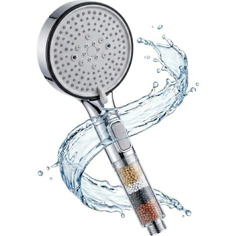 Pommeau de Douche Anti-Calcaire Chrome Argenté à Billes, 5 Modes de Jets, Filtration Calcaire, Modèle Universel, Léger et Esthétique pour Salle de Bain (1/4)