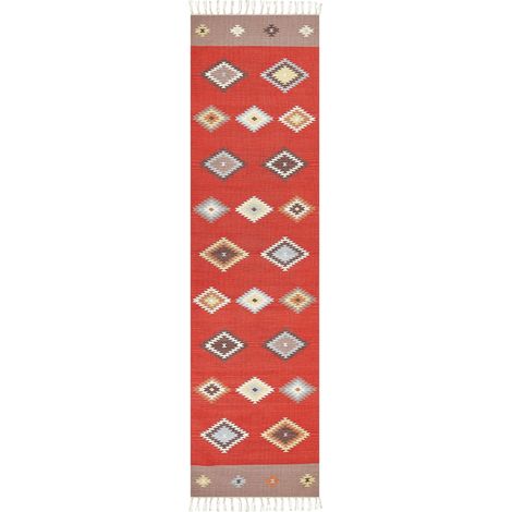 Tappeto Kilim in cotone con motivo geometrico a pelo corto multicolore 80 x 300 cm Lorut