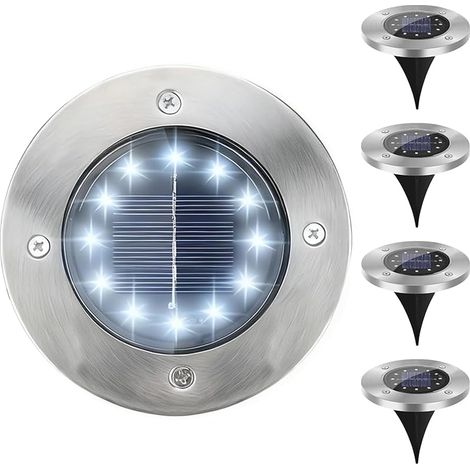 Lot de 4 Lampes Solaires de Sol en Acier Inoxydable Ø12cm, IP65 Étanche 16 LEDs Blanc Chaud, Éclairage Extérieur Automatique pour Jardin, Allée, Terrasse, Pelouse, Chemin (1/5)
