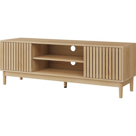 Meuble TV 140 cm – Style Mid-Century Modern, Couleur Chêne, pour TV 55-65 Pouces, Console Média avec Rangement, Salon & Chambre
