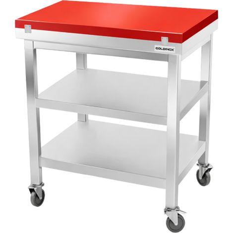 Table de travail en inox 600x600 mm avec plaque de découpe rouge et 2 étagères sur roulettes PREMIUM - GOLDINOX (1/4)