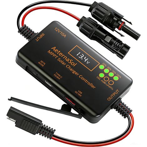 MPPT Régulateur de charge solaire 10 A avec USB-C 36 W + USB 18 W Charge rapide Régulateur de charge solaire 12 V avec écran LCD Régulateur de charge solaire 12 V pour batteries LiFePO4, AGM et gel (1/5)