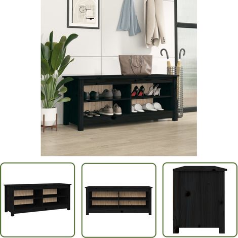 The Living Store Banc à chaussures Noir 110x38x45,5 cm Bois de pin massif - Meuble À Chaussures - Banc Chaussure - Rangement Chaussures - Meuble Entrée - Organisateur Chaussures (1/5)