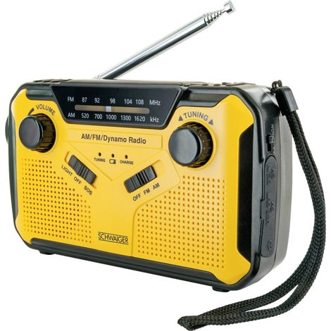 Schwaiger Radio d'extérieur FM, AM, FM manivelle, panneau solaire, protégé contre les projections d'eau, résistant aux coups, lampe de poche jaune C305942 (1/5)