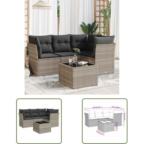 vidaXL 5-tlg. Garten-Sofagarnitur mit Kissen Hellgrau Poly Rattan (1/3)