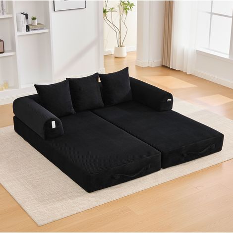 Divano modulare 200x94x67 cm, componibile, con 3 cuscini, tasca laterale, in velluto a coste nero (1/5)