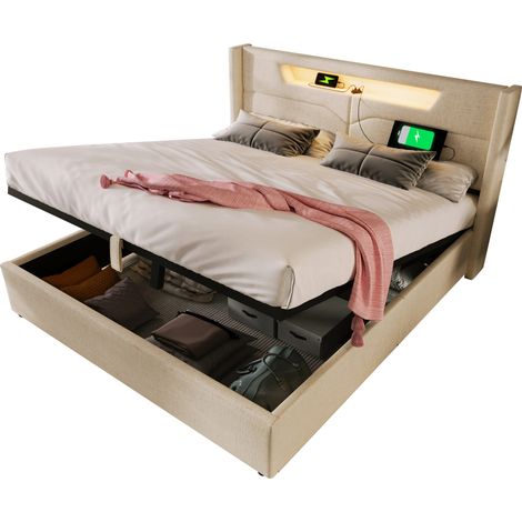 Lit coffre 160x200 avec LED, ports USB et Type-C, tête de lit capitonnée en tissu beige, rangement sous sommier et cadre métal stable pour chambre adulte - CHICFURN (1/5)