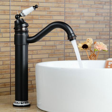 Robinet Salle Bain Lavabo Vintage en Laiton Haut Mitigeur Robinet Salle de Bain Antique Robinet Mitigeur Monocommande Florale avec Tuyaux Chaude et Froide Disponible (Noir) (1/2)