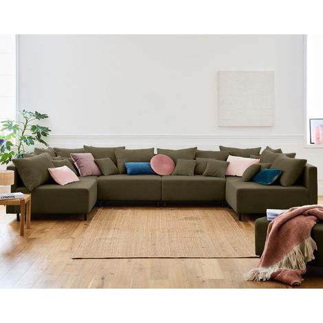 Lisa Design – Canapé modulable panoramique 6 places – Velours côtelé vert – Coussins déhoussables – Structure bois massif – Style contemporain (1/5)