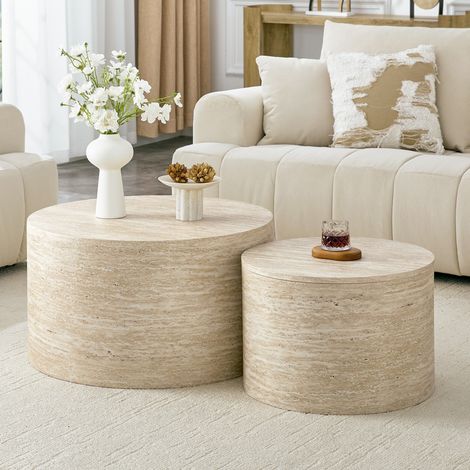 Lot de 2 tables basses 62,8 cm et 44 cm gigognes rondes avec rangement, MDF aspect - bois (1/5)