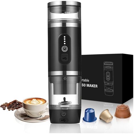 Machine à Café Portable 3 en 1 avec Mousseur à Lait, Machine à Expresso à Capsules 20 Bar et Café Moulu pour Bureau Voiture Camping Randonnée Voyage, Noir