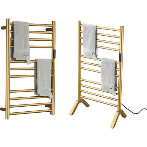 Sèche-Serviettes Électrique Doré avec Minuterie, 140 W Chauffe-Serviettes Mural Et Autoportant avec 11 Barres, Porte-Serviettes Chauffant en Acier Inoxydable 304 pour Salle De Bain, Plug-in (1/5)