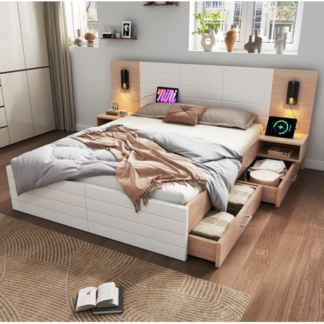 FLORAGRACE Letto matrimoniale 160x200 cm in legno bianco con 2 cassetti, luci da lettura USB, 2 comodini, materasso (1/5)