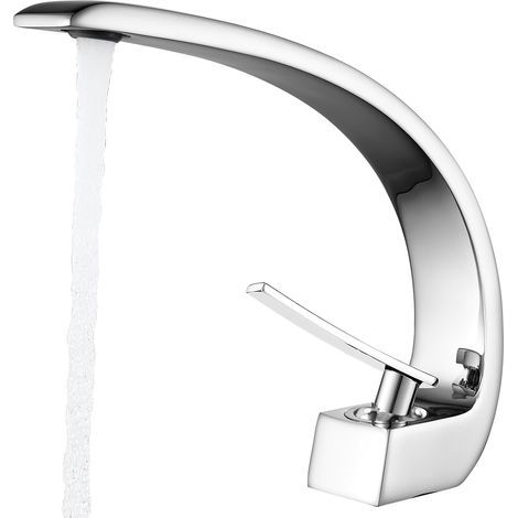 Moon-shaped chrome-plated brass waterfall basin tap, suitable for bathrooms. (1/5)