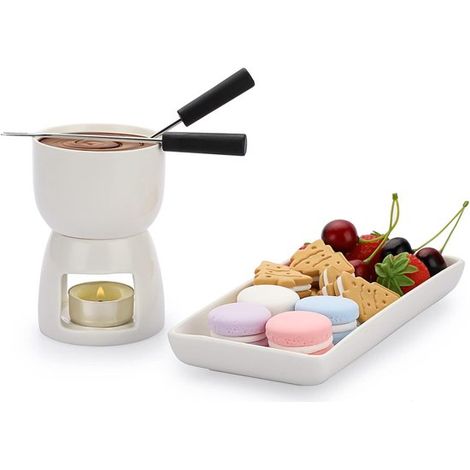 Juego de calentador de mantequilla de cerámica de 150 ml: plato rectangular, mini olla para fondue, 2 tenedores. (1/5)