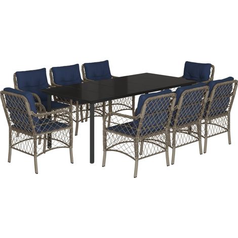 9 Piece Garden Dining Set with Cushions Grey Poly Rattan vidaXL (1/5)