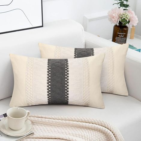 Lot de 2 Housse de coussin, 30x50 cm, Coton et Polyester, Fermeture éclair dissimulée, Style Bohème avec Dentelle, pour Salon Chambre Canapé