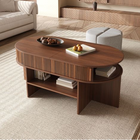 Tavolino da caffè 120x60x51.5 cm, con sgabelli coordinati, contenitore chiuso con porte scorrevoli, MDF e truciolare, noce (1/5)