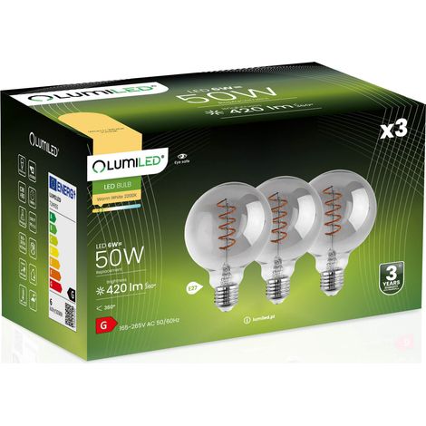 3 lampadine LED E27 Sfera G95 6W = 50W 420lm 2200K Luce calda 360° FILAMENTO FUMÉ LUMILED