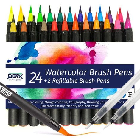 Coffret peinture aquarelle - QBIX - Set 24 brush - Couleurs riches - Pointe flexible non toxique - 2 stylos rechargeables
