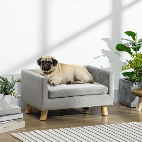 Sofá escandinavo para perros y gatos con cojín acolchado, cama para mascotas de interior en terciopelo y madera, 64x45x36cm, gris.