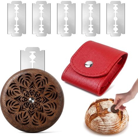 Lame de Boulanger Ronde en Bois de Noyer, Grignette Pain avec 5 Lames de Rechange et Étui en Cuir Rouge, Couteau de Boulanger pour Scarifier Pâte, Baguette et Pain au Levain (1/5)