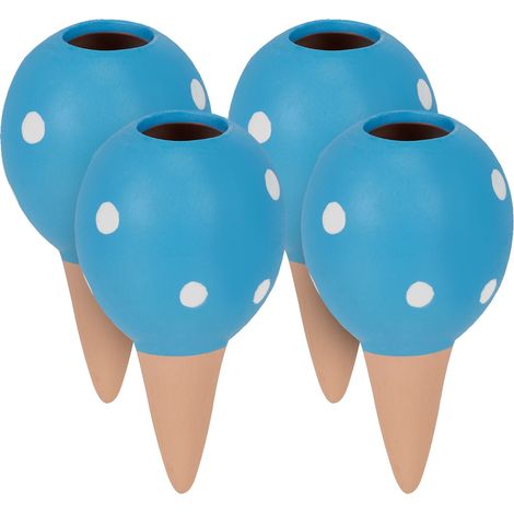 Relaxdays Clay Watering Spikes, Set of 4, Each 100 ml, Spotted Design, for House Plants & Outdoor Pots, Terracotta/Blue