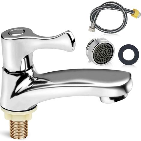 Robinet d'eau froide simple, robinet d'eau froide pour invités, WC, robinet d'eau froide avec tuyau de raccordement de 60 cm avec bec filtrant pour lavabo, salle de bain, cuisine (1/5)