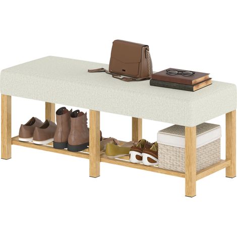 Banc à chaussures rangement bois d'hévéa avec siège rembourré étagère ouverte 120x44x48cm