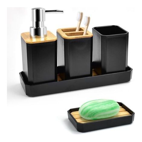 Ensemble d'accessoires de salle de bain avec porte-brosse à dents, gobelet à brosse à dents, distributeur de savon, porte-savon et plateau (noir) (1/5)