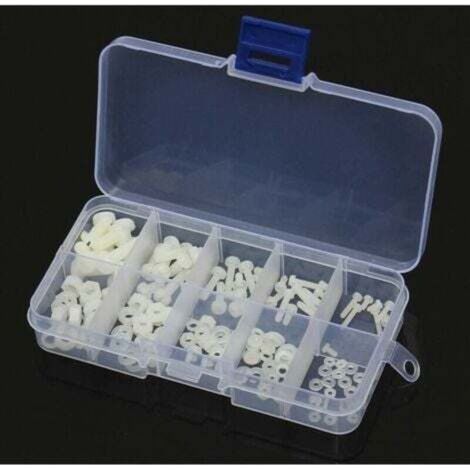 Kit d'assortiment de 150 vis, boulons, écrous et rondelles en nylon blanc M2, M2.5, M3, M4 et M5. (1/4)
