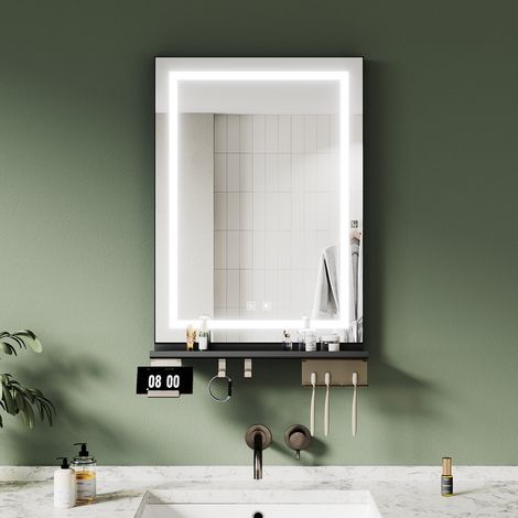 ELEGANT Modern Bathroom LED Mirrors with Anti-Fog Black Storage Shelf and Dimmable 3-Color Lighting, 500x700mm