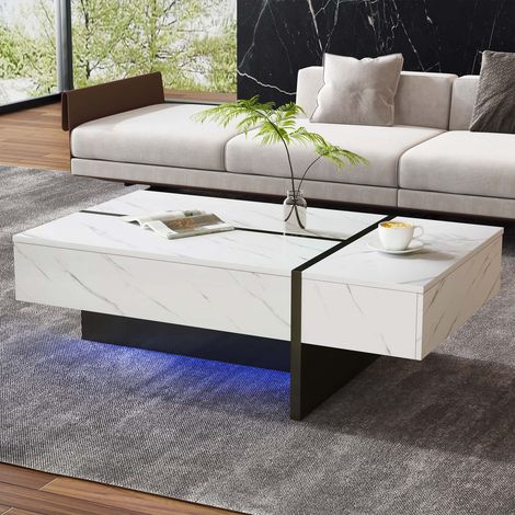 Table basse blanche 105 x 60 x 35 cm avec LED contrôlée par app, 3 tiroirs, plateau brillant effet marbre et pieds asymétriques (1/5)