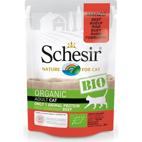 Schesir BIO, Alimento Completo Umido per Gatti adulti, Patè selezionato di Manzo senza Cereali - 16 bustine dal 85g (1,36kg totale) (1/3)