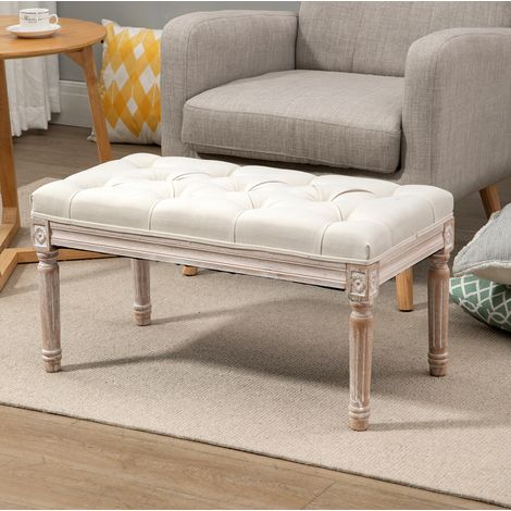 Banc ottoman rembourré en tissu effet lin, pieds en bois, crème, 80 x 40 x 43 cm (1/5)