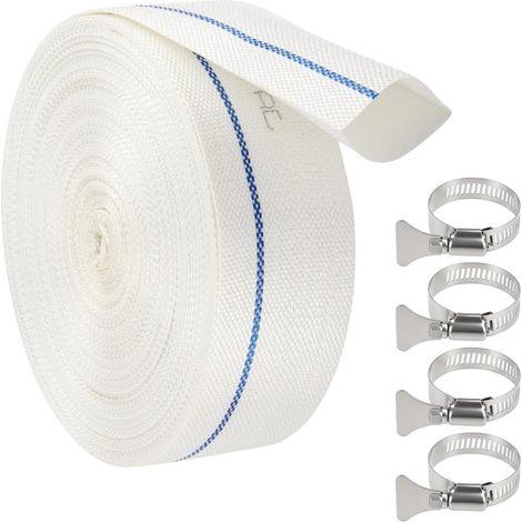 Flat Discharge Hose Diameter 38 mm (1 1/2") x 20 m Pump Hose White Water Pump Hose with 4 Collars for Drain Pools Submersible Pumps and Drain (White) (1/5)