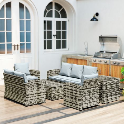 Set da Esterno 6 Pezzi con 2 Tavolini Contenitore, 2 Divani e 2 Poltrone, in Rattan e Acciaio, Grigio