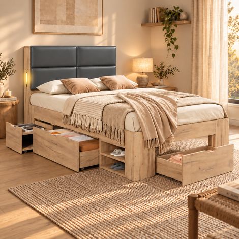 Lit simple 90/200 cm naturel avec tiroirs, USB/USB-C et tête de lit rembourrée (1/5)