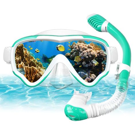 Ensemble de Tuba Sec pour Enfants, Masque de Plongée en Verre Trempé Antibuée, Lunettes de Plongée Panoramiques Étanches, pour la Plongée, Le Snorkeling, la Natation (1/5)