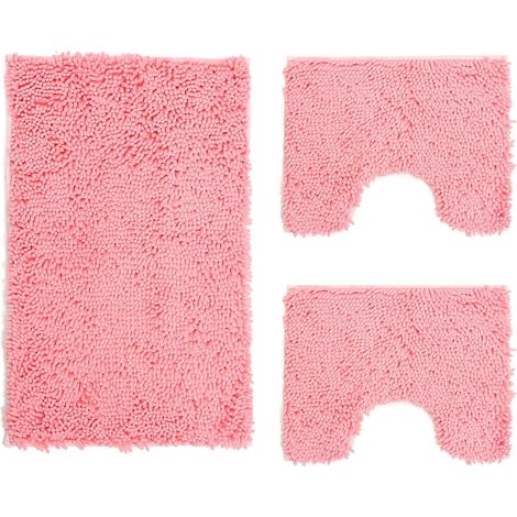 Set de Tapis de Bain 3 pièces en Microfibre, Tapis de Sol Long 50 x 80 cm, 2 Tapis de WC et Water Forme rectangulaire 40 x 50 cm, Doux, antidérapant, Rose (1/5)