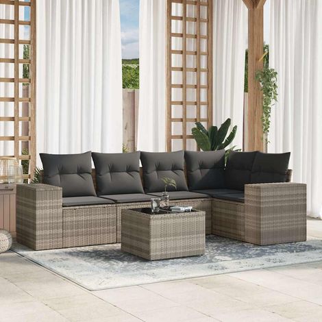 Ensemble Salon Jardin 6 Places Résine Tressée Gris Clair avec Coussins et Table (1/3)