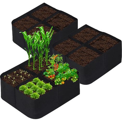 Set aus 3 Hochbeeten aus Stoff für den Außenbereich, 6,1 x 6,1 m, 4 Fächer, atmungsaktive Pflanzsäcke für Pflanzen, Gemüse, Kartoffeln, Blumen und andere Anbaumaterialien.