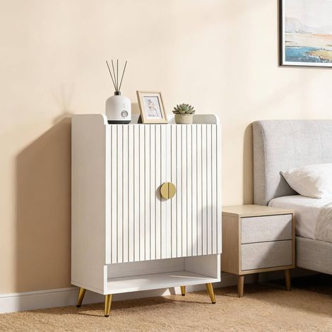 Zapatero de madera y metal blanco y dorado, 7 niveles, balda regulable, puertas cerradas y hueco inferior abierto (1/5)